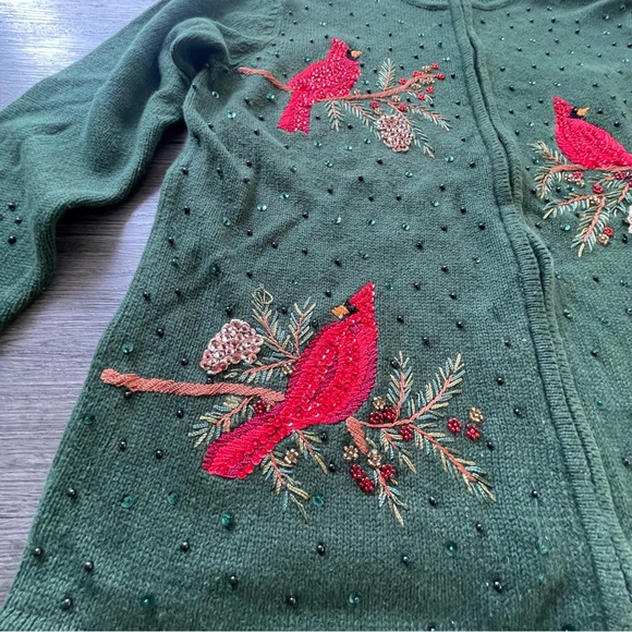 Vintage Hunter Green Embroidered Sequin Cardinal Full Zip Cardigan Women's XL - Picture 3 of 8